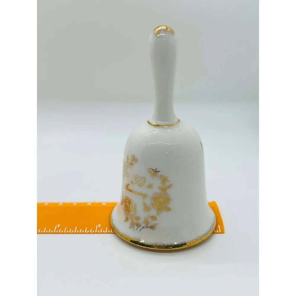 VTG Enesco 50th Golden Wedding Anniversary Porcelain‎ Bell White & Gold Floral